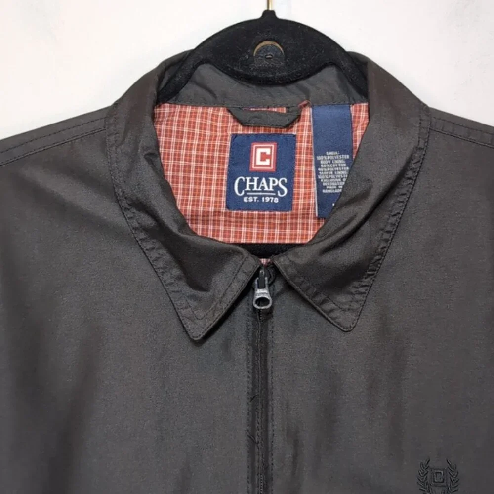 💠Chaps Harrington Jacket Black Full Zip Plaid Lined Mens Medium Lightweight - Picture 2 of 12
